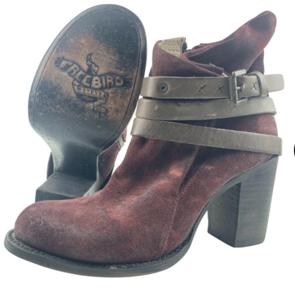 Freebird Steven Blaze Booties Burgundy Maroon Suede‎ Red Wine Stacked Heel Boot